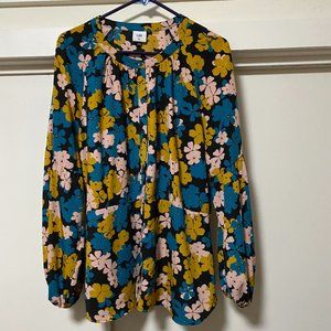 Cabi long sleeve, round neck black button-down blouse w/flowers, size XL